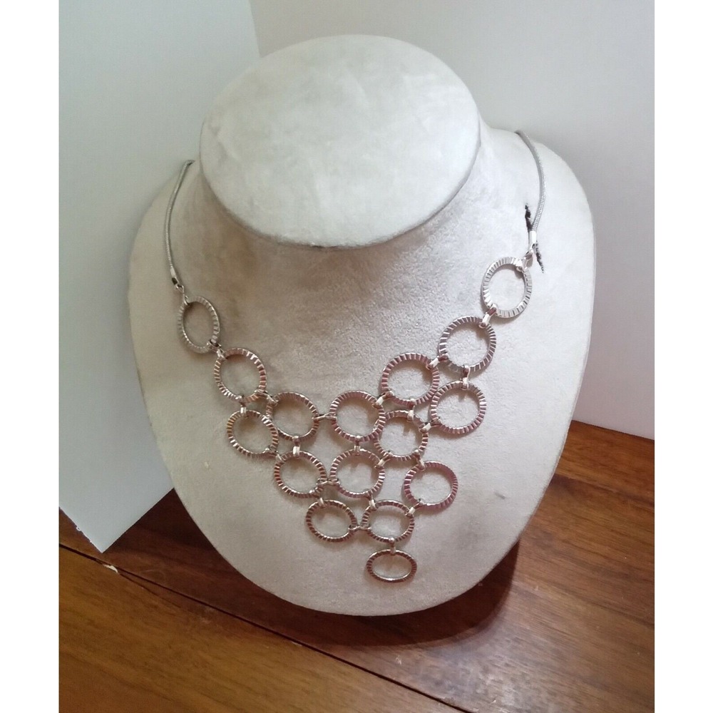 Silver Tone Textured Interlocking RingBib Necklace Snake Chain Statement Jewelry